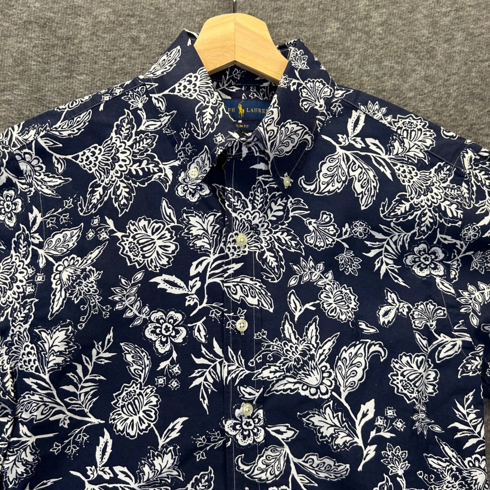 Ralph Lauren Mens Slim Fit Short Sleeve Floral Paisley Button Down Shirt Navy S